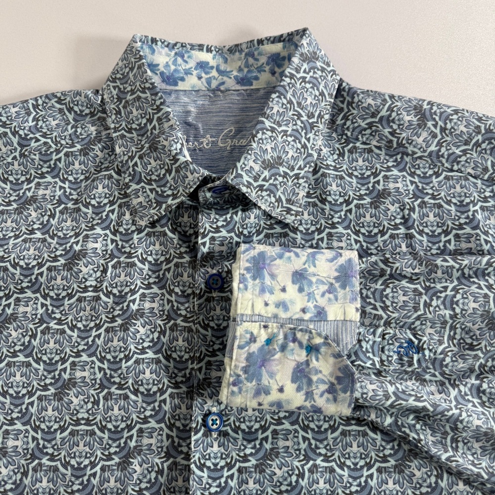 Robert Graham Shirt Mens Medium Blue Paisley Floral Flip Cuff Long Sleeve